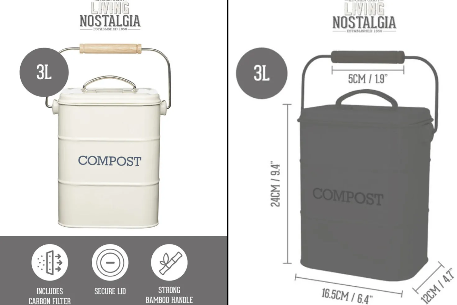 Bac à compost KitchenCraft Living Nostalgia en acier crème 3L