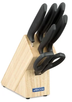 Bloc en hévéa 5 couteaux + ciseaux Arcos NIZA lames acier inox NITRUM