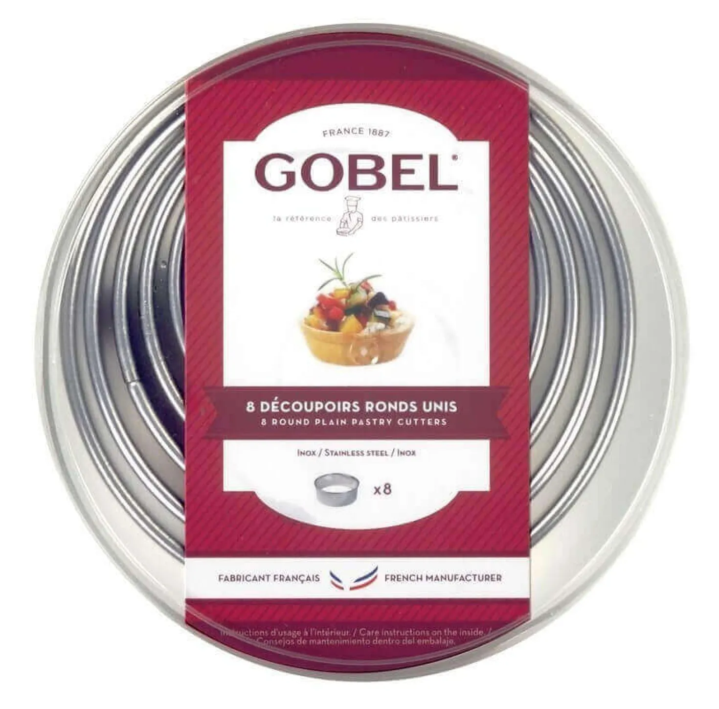 Boite de 8 découpoirs professionnels Gobel ronds unis tout inox