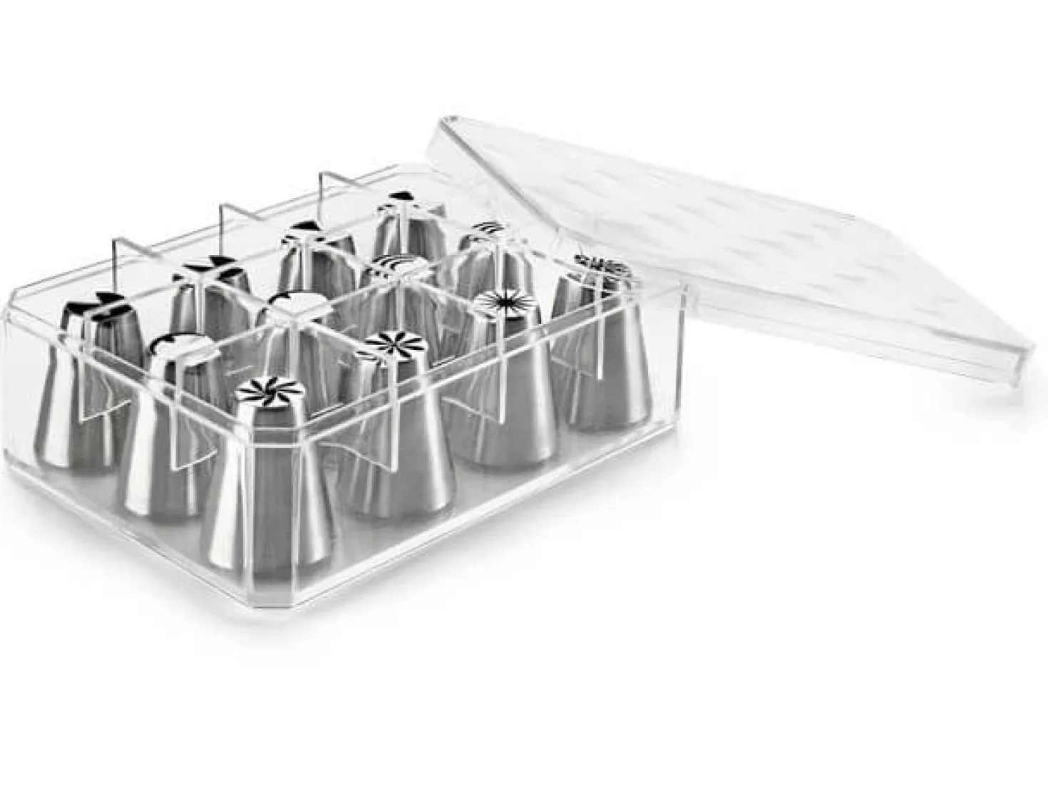 Boite de 12 douilles assorties tout inox décor floral