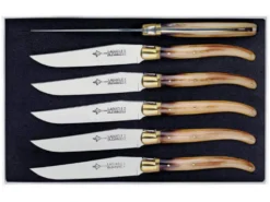 Coffret 6 couteaux de table Laguiole Arbalète G.DAVID 21cm inox manche façon corne blonde