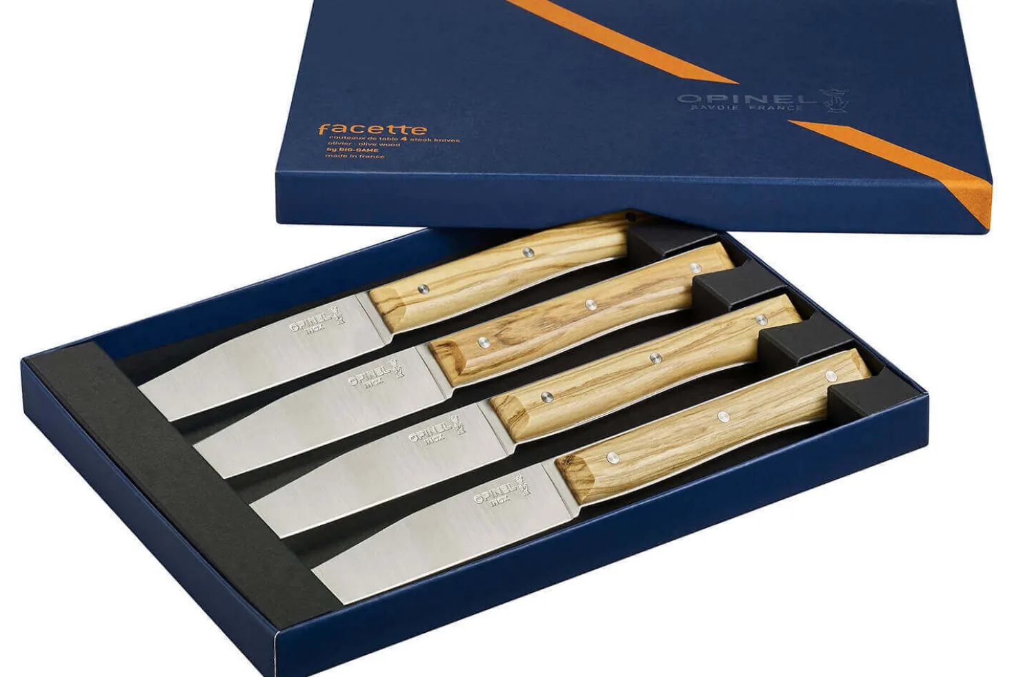 Coffret 4 couteaux de table Opinel Facette manche olivier lame 11cm inox lisse