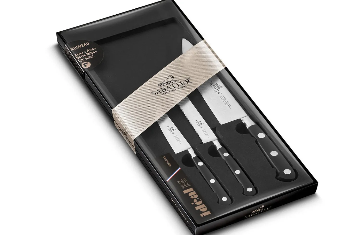 Coffret 3 couteaux français SABATIER Idéal Inox 100% forgé Chef+Universel+Office