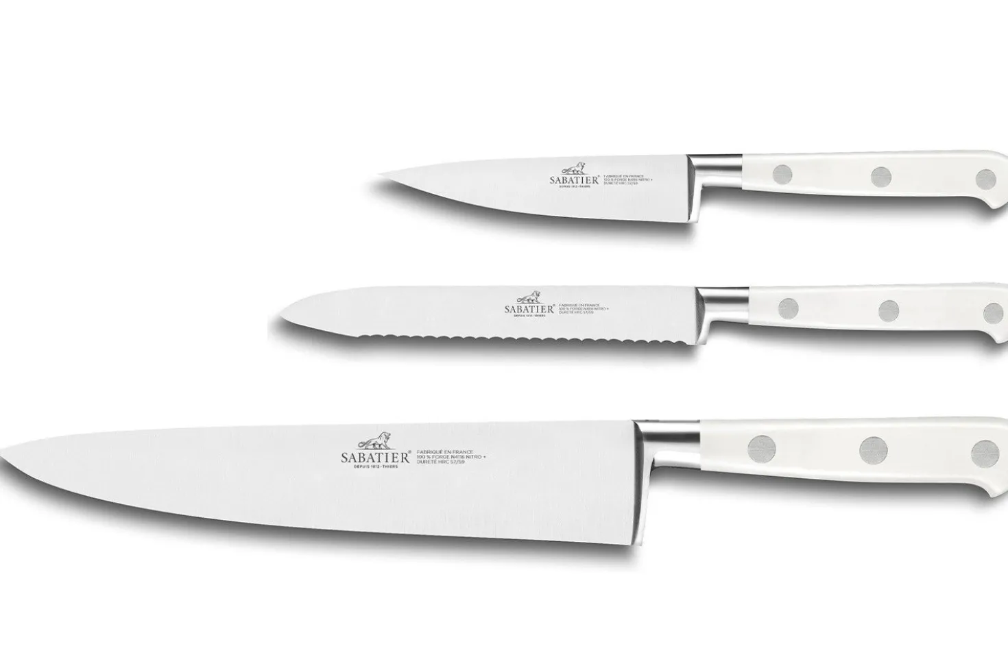 Coffret 3 couteaux Sabatier Toque blanche 100% forgé manches rivetés