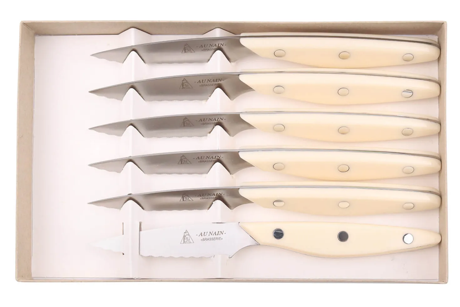 Coffret 6 couteaux à steak Au Nain Brasserie ivoire microdentés