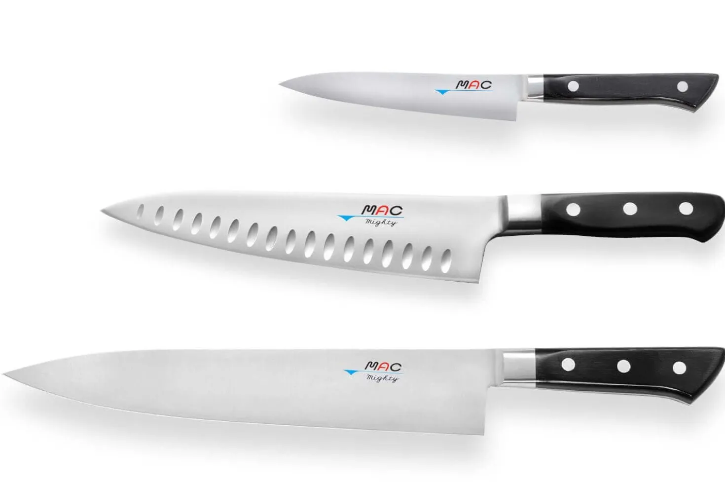 Coffret de 3 couteaux japonais MAC Professional office + chef alvéolé 20cm + chef 24cm