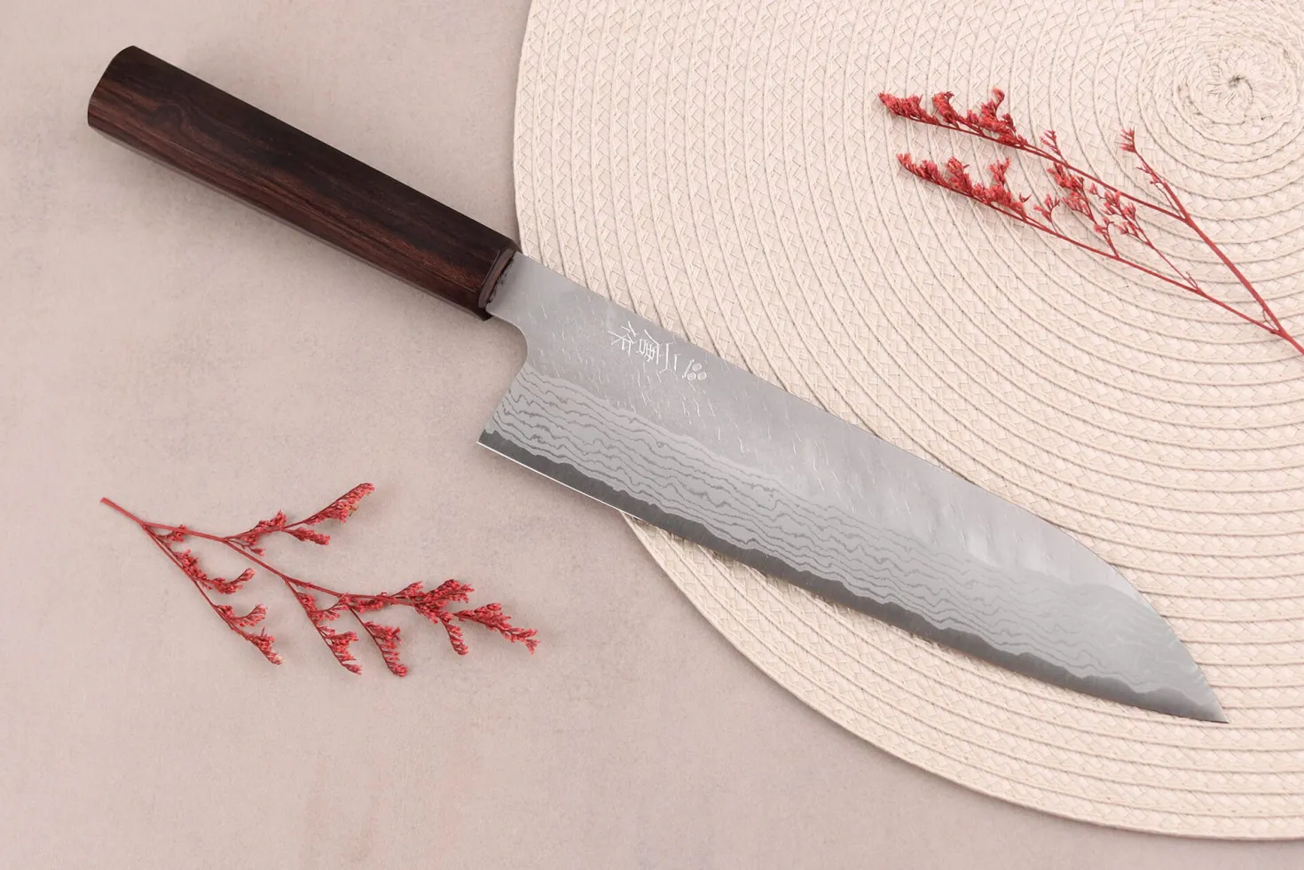 Couteau de chef 20cm japonais artisanal Nigara Hamono Tsuchime VG10 damas