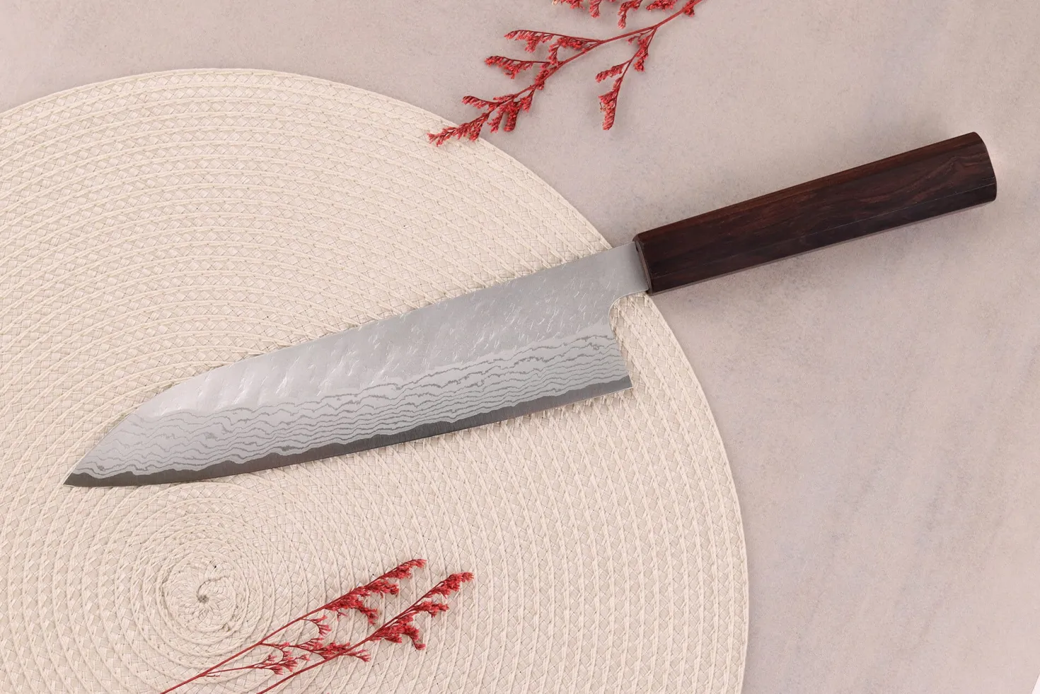 Couteau de chef 20cm japonais artisanal Nigara Hamono Tsuchime VG10 damas