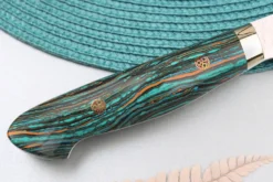 Couteau de chef 21cm japonais artisanal Nigara Hamono Migaki Tsuchime SG2 manche en turquoise