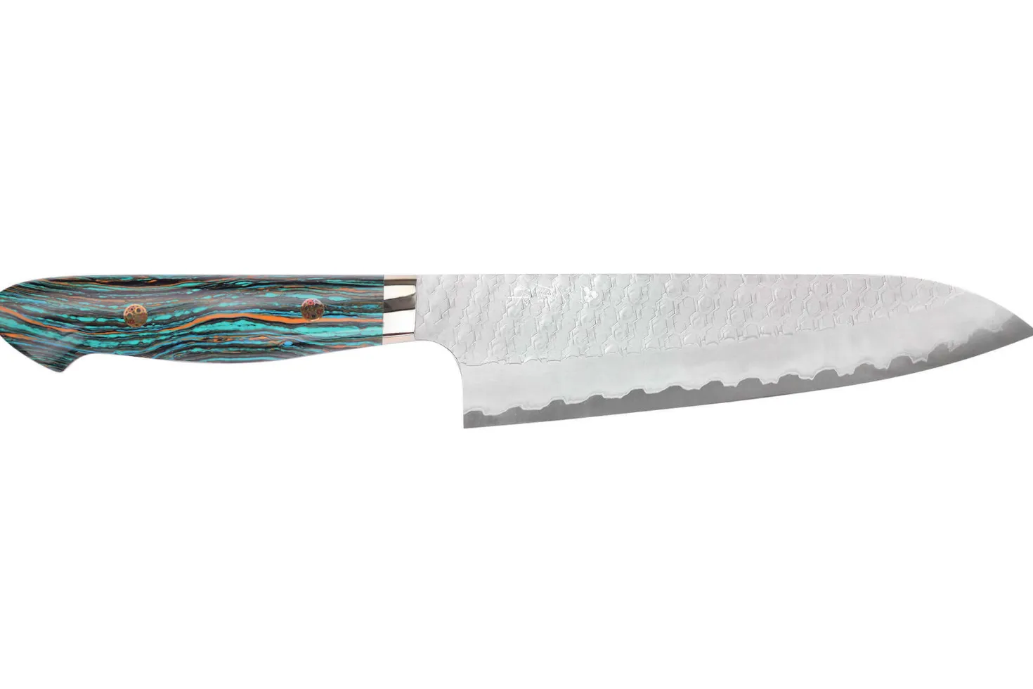 Couteau de chef 21cm japonais artisanal Nigara Hamono Migaki Tsuchime SG2 manche en turquoise