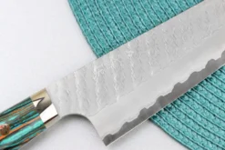 Couteau de chef 21cm japonais artisanal Nigara Hamono Migaki Tsuchime SG2 manche en turquoise