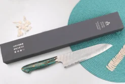 Couteau de chef 21cm japonais artisanal Nigara Hamono Migaki Tsuchime SG2 manche en turquoise