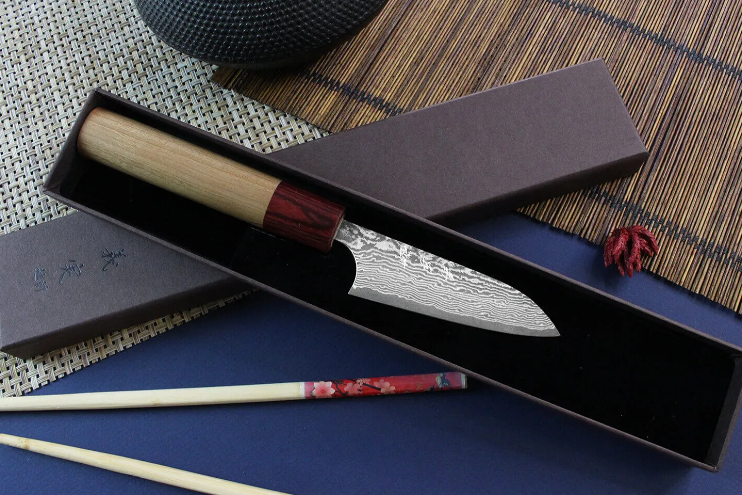 Couteau d'office japonais artisanal Yoshimi Kato 8,5cm VG10 Nickel Damascus cerisier