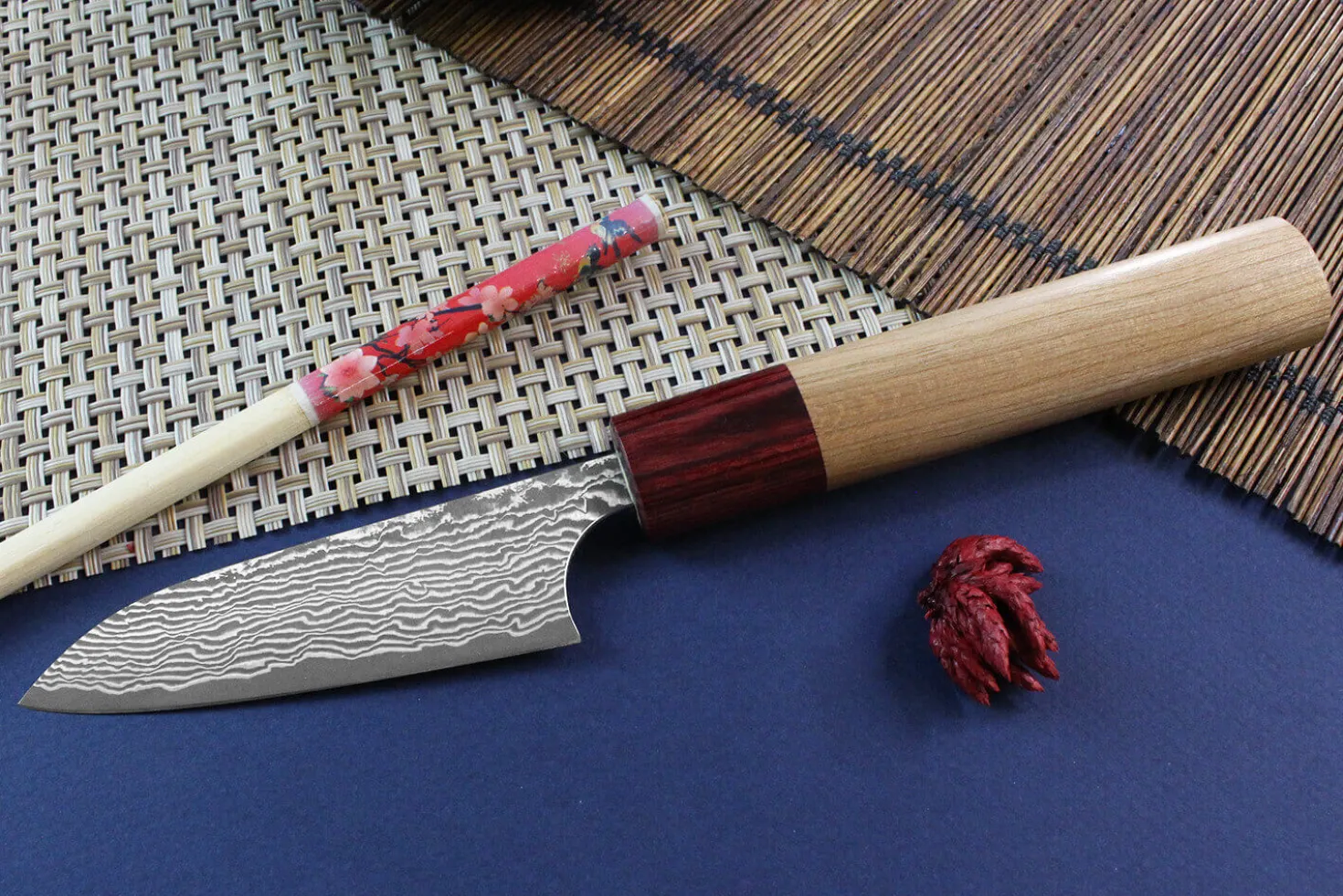Couteau d'office japonais artisanal Yoshimi Kato 8,5cm VG10 Nickel Damascus cerisier