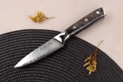 Couteau d'office Wusaki Sakin Damas 10Cr 9cm manche en fibre de carbone et feuille d'or