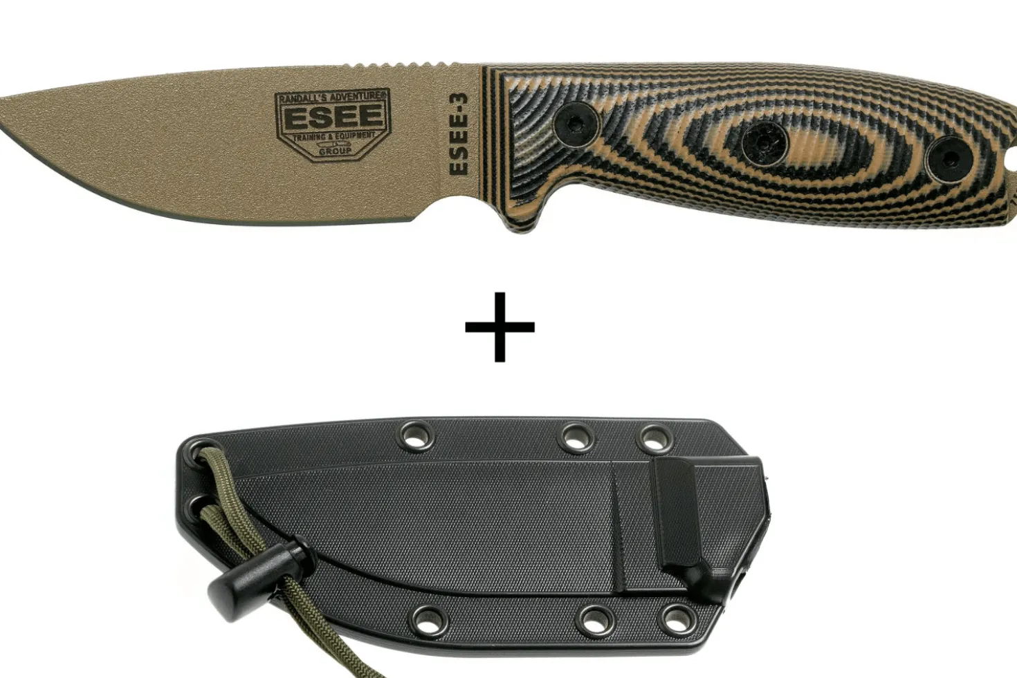 Couteau Esee 3 3PMDE-005 lame acier carbone 8,8cm manche G10 coyote et noir + étui