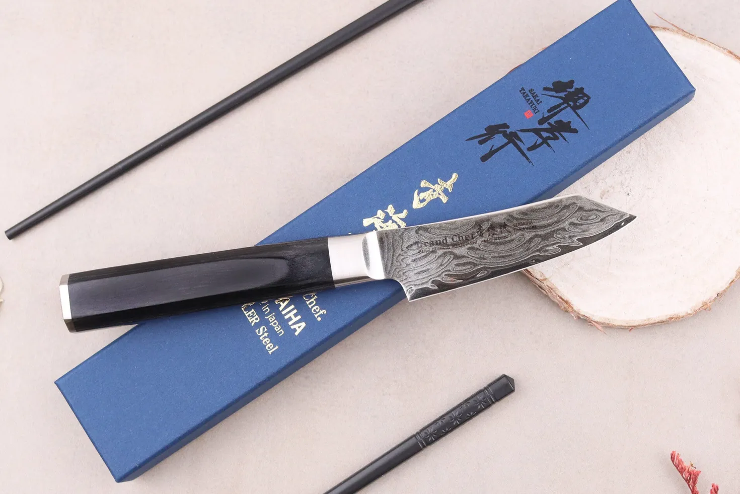 Couteau kengata office 8cm japonais Sakai Takayuki Grand Chef Seigaiha Damas 45 couches