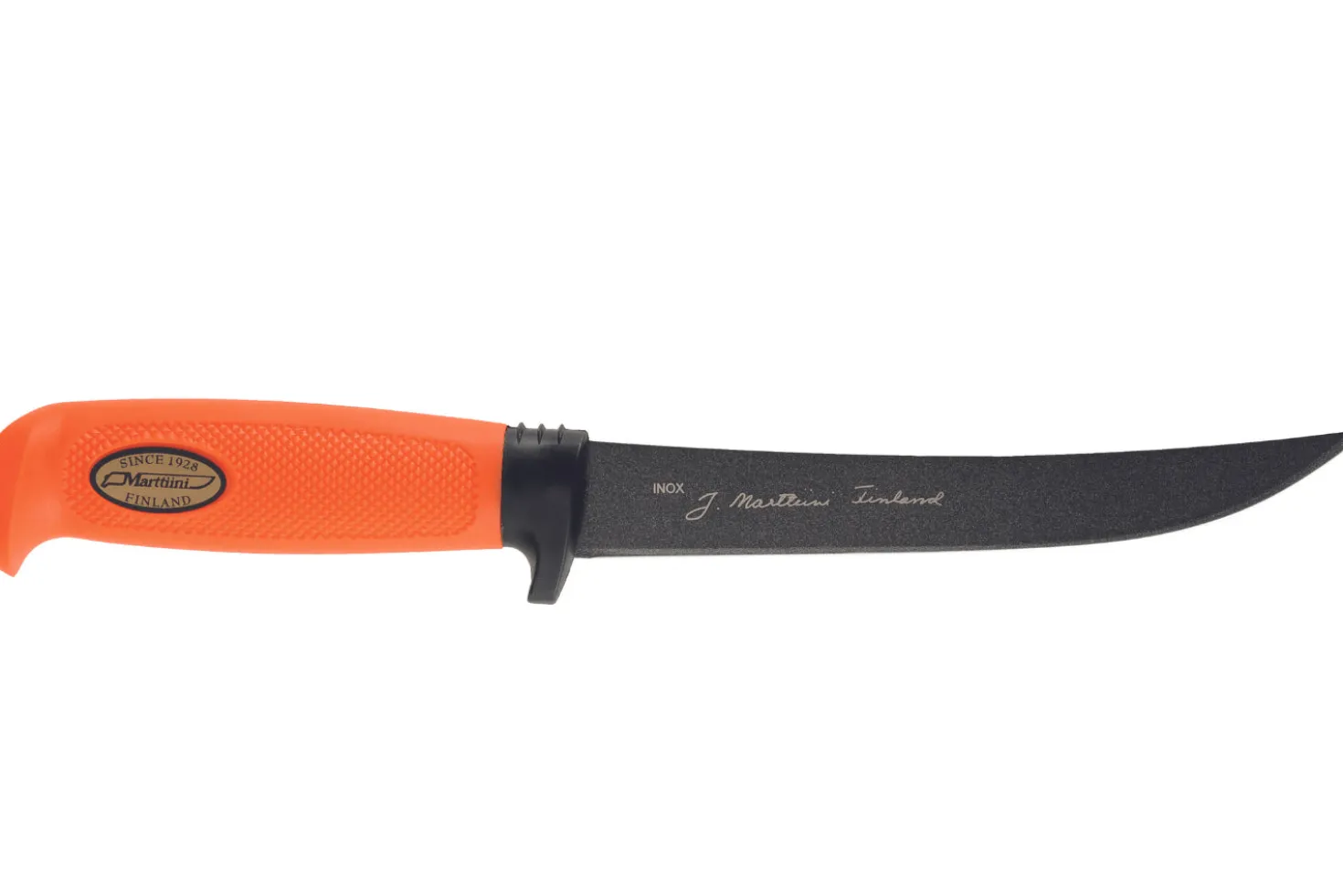 Couteau Marttiini Hunter's Carving Martef 935024 lame 15cm manche caoutchouc orange + étui
