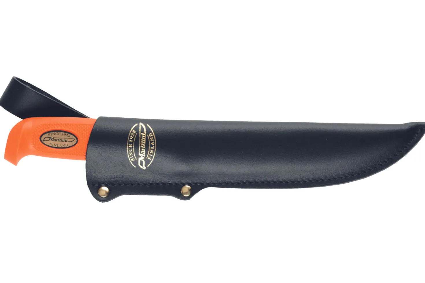 Couteau Marttiini Hunter's Carving Martef 935024 lame 15cm manche caoutchouc orange + étui