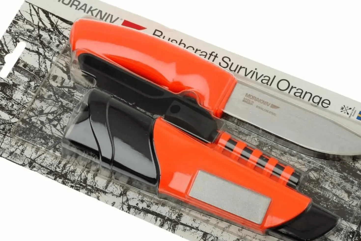 Couteau Mora Bushcraft Survival 12051 lame inox 10,9cm manche caoutchouc orange avec allume feu + étui
