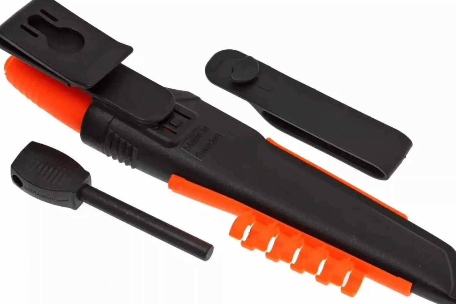 Couteau Mora Bushcraft Survival 12051 lame inox 10,9cm manche caoutchouc orange avec allume feu + étui