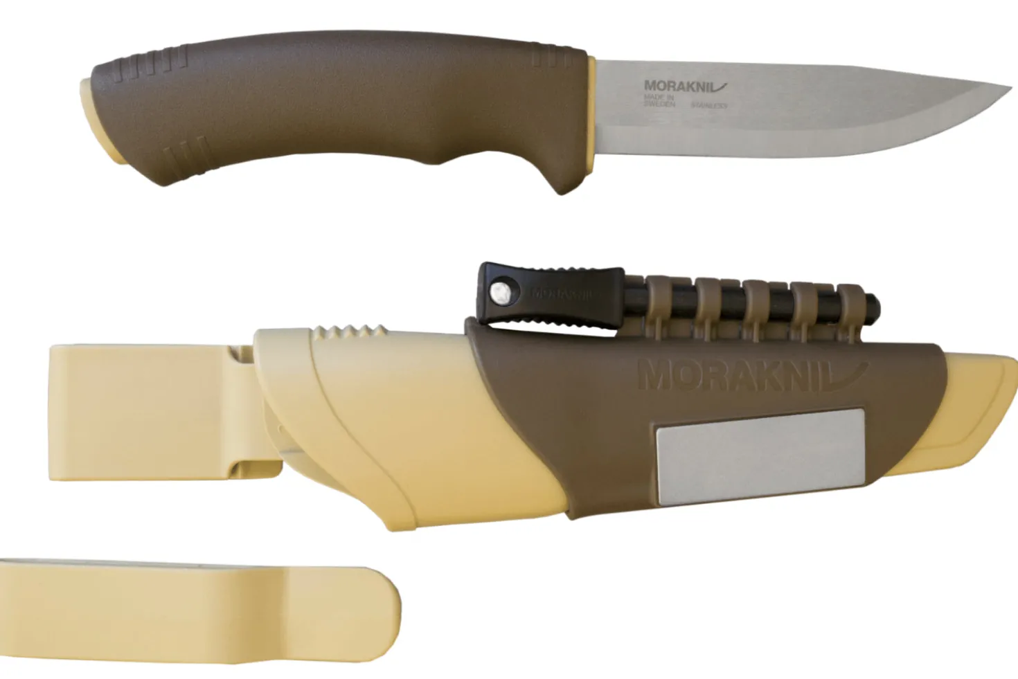 Couteau Mora Bushcraft Survival 13033 lame inox 10,9cm manche caoutchouc marron avec allume-feu + étui