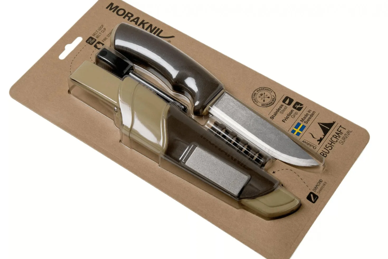Couteau Mora Bushcraft Survival 13033 lame inox 10,9cm manche caoutchouc marron avec allume-feu + étui