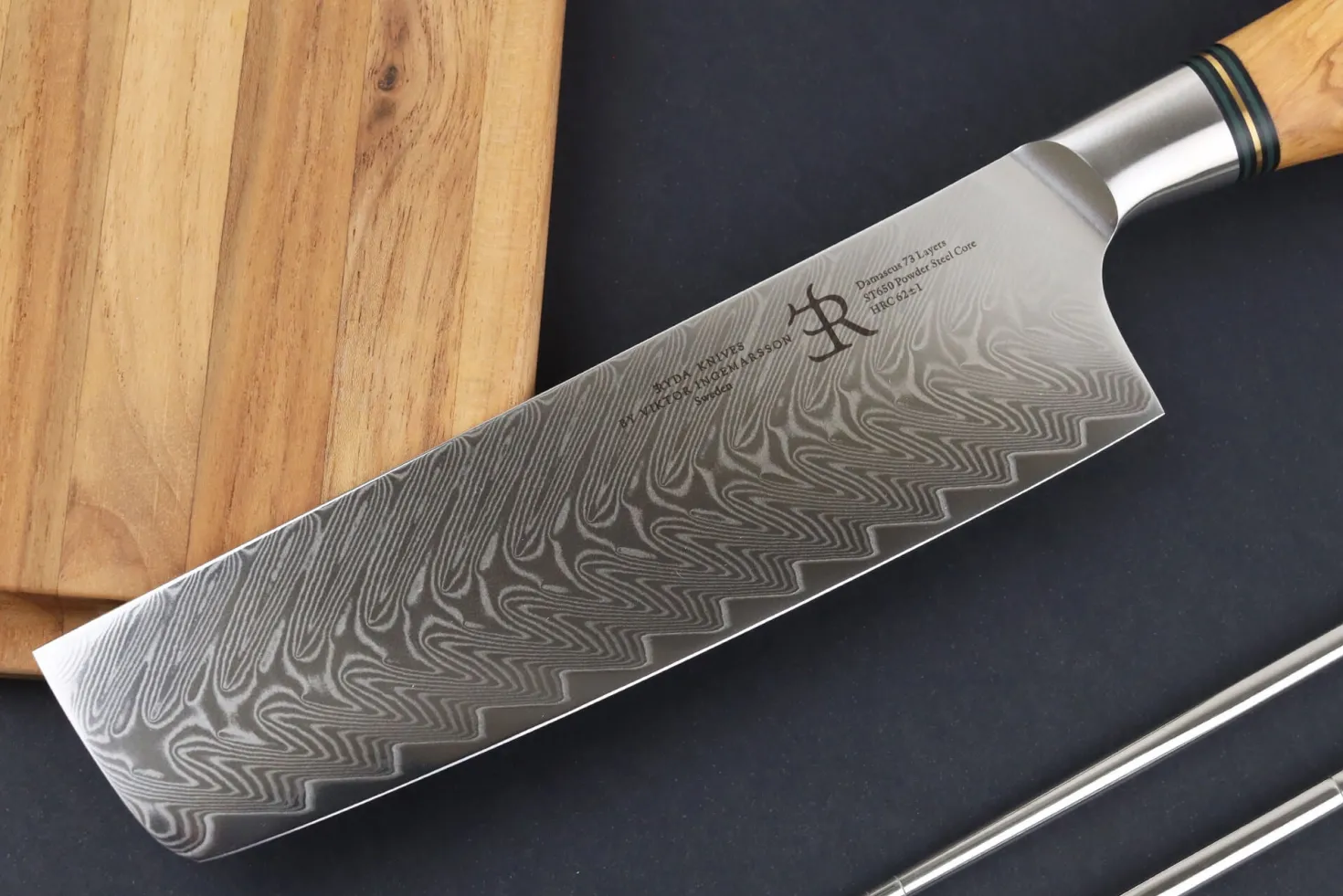 Couteau nakiri 18cm Ryda Knives ST650 Damas et manche en olivier