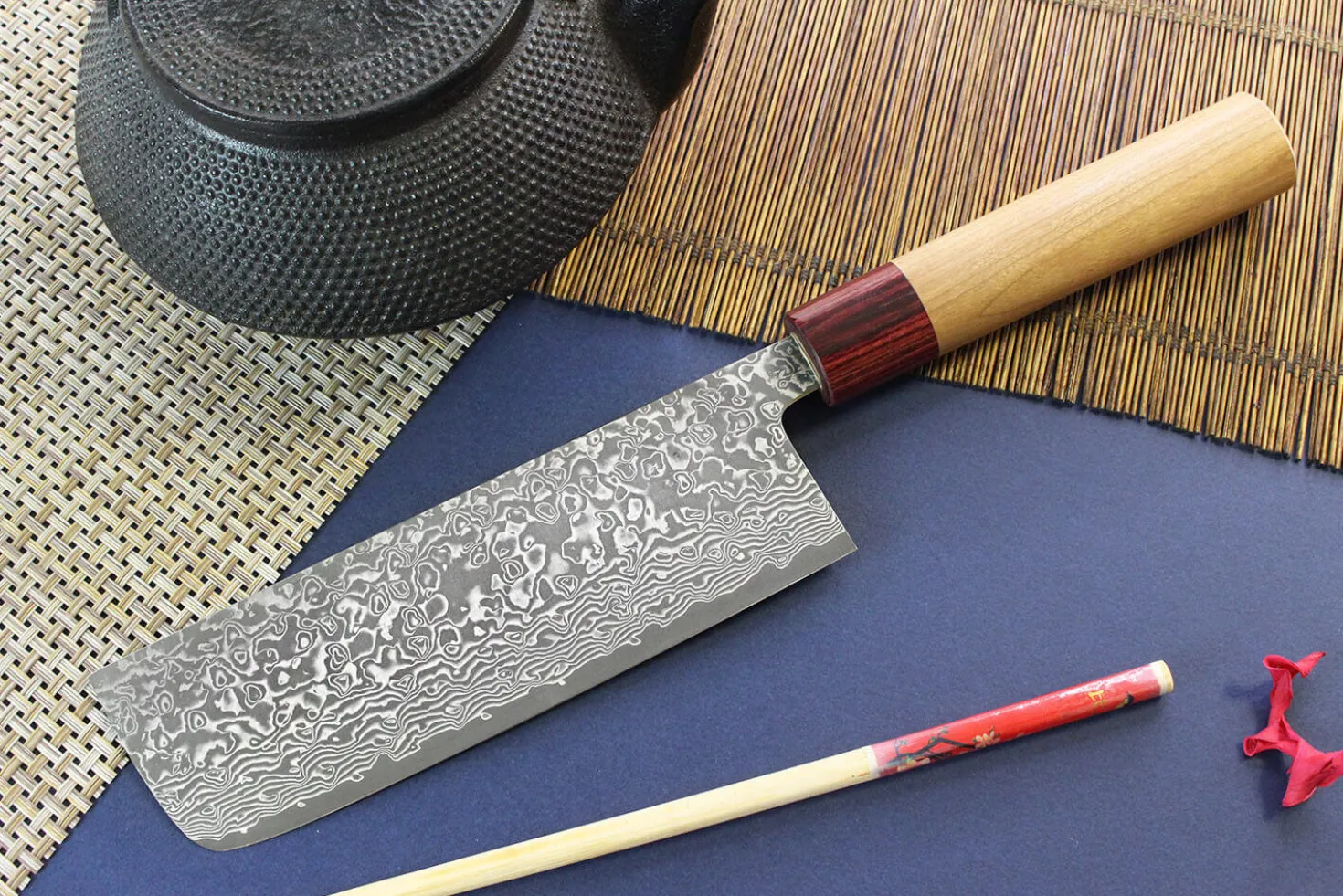Couteau nakiri japonais artisanal Yoshimi Kato 16,5cm VG10 Nickel Damascus cerisier