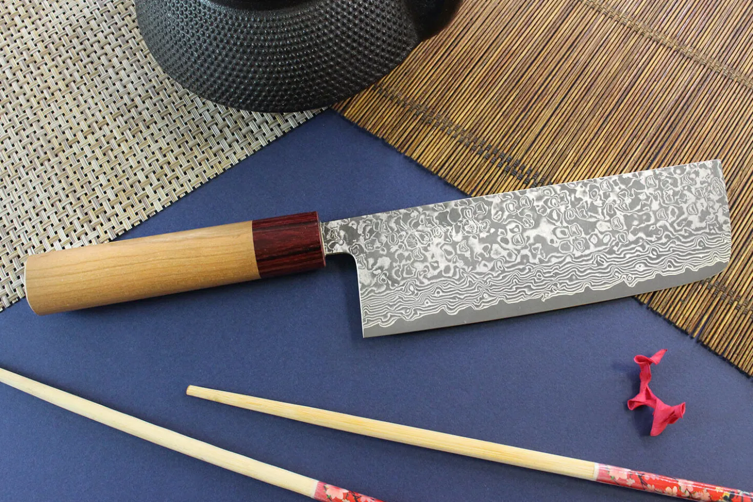 Couteau nakiri japonais artisanal Yoshimi Kato 16,5cm VG10 Nickel Damascus cerisier