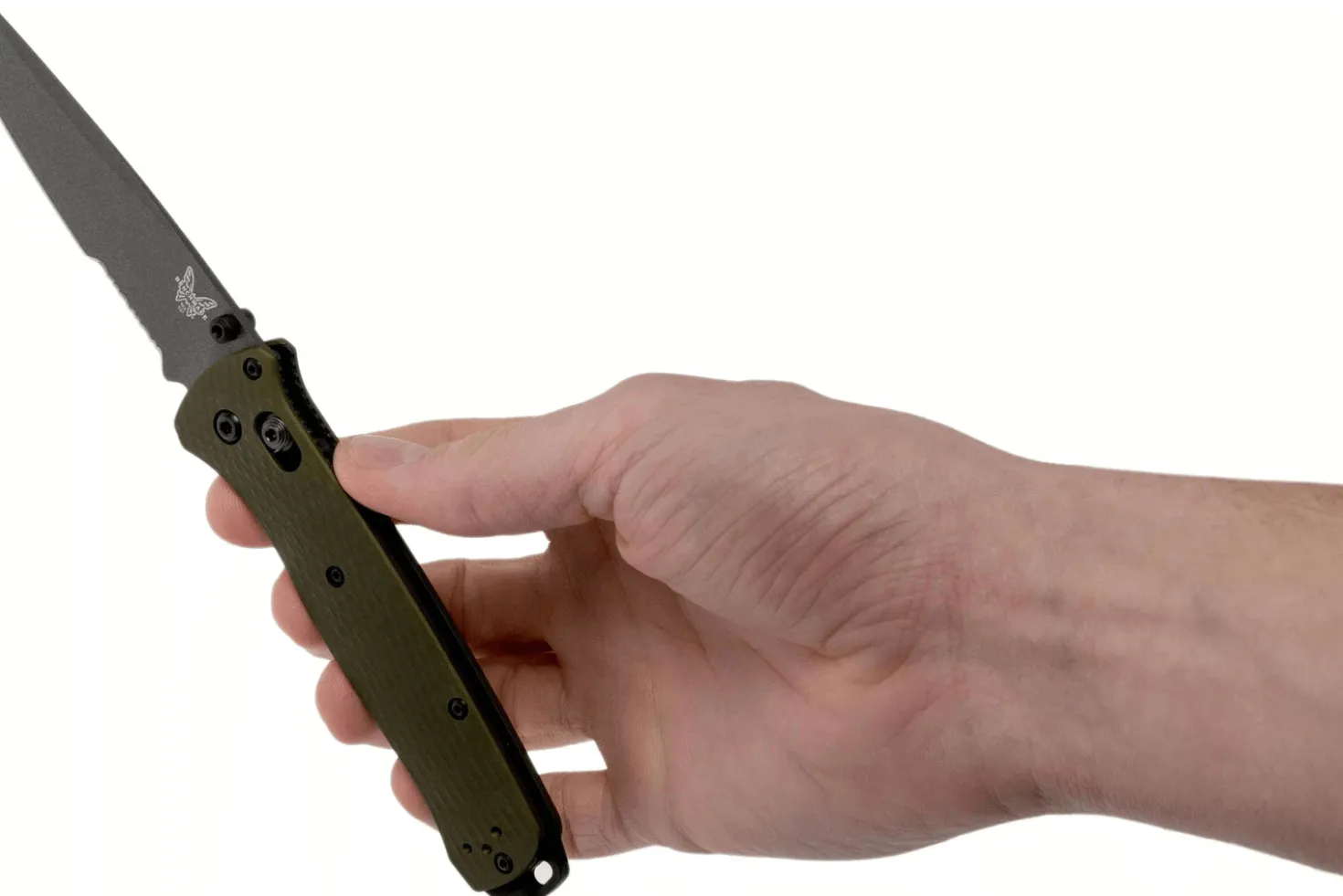 Couteau pliant Benchmade Bailout 537SGY-1 lame semi-dentée manche aluminium anodisé vert 11cm avec brise-vitre