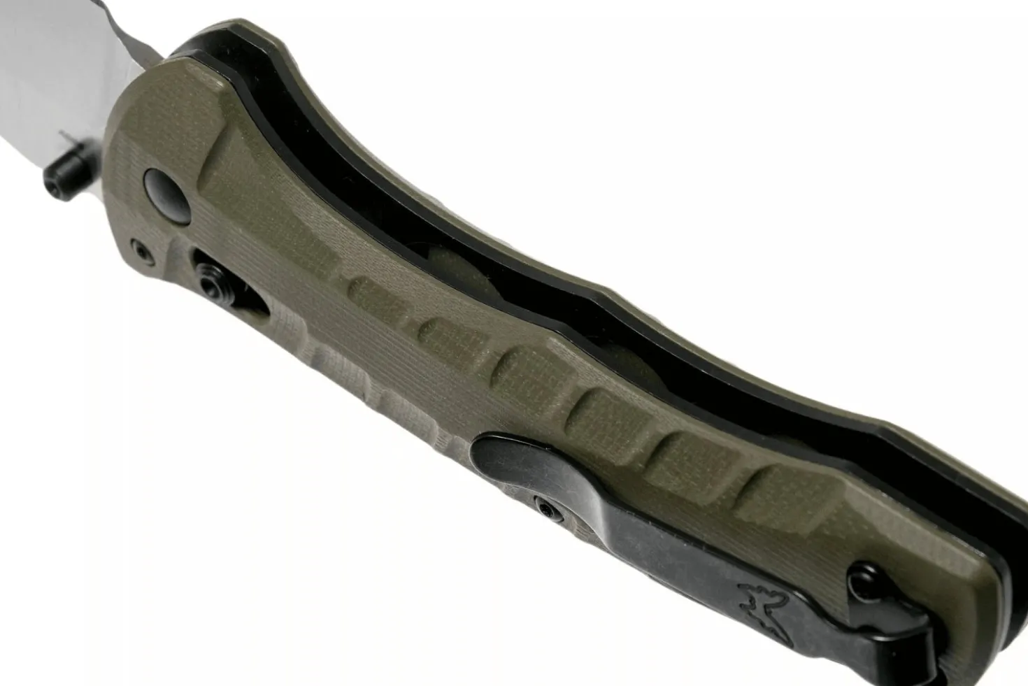 Couteau pliant Benchmade Turret Black 980SBK lame noire semi-dentée manche G10 vert olive 12cm