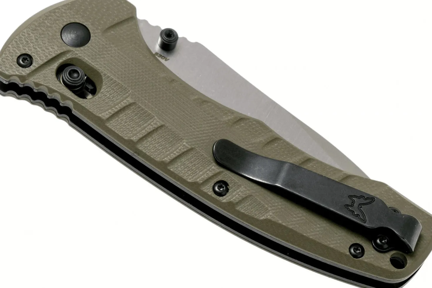 Couteau pliant Benchmade Turret Black 980SBK lame noire semi-dentée manche G10 vert olive 12cm