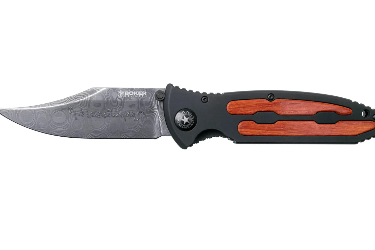 Couteau pliant Böker Kalashnikov Bayonet Damas 11KAL48DAM manche en alu et ironwood noir/bois 13cm