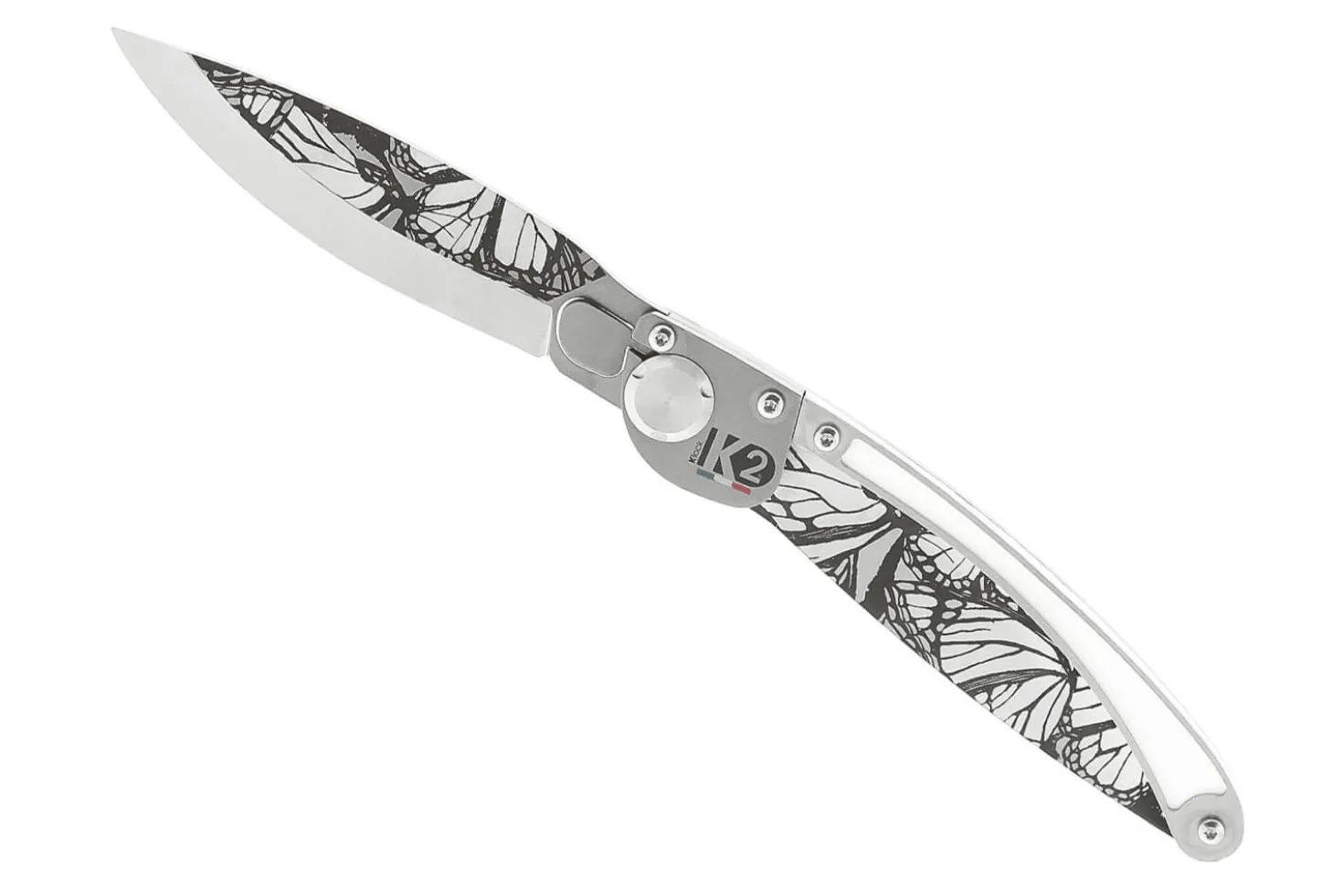 Couteau pliant K2 Elegance K2.21M manche inox décor papillon 11,5cm + étui suédine