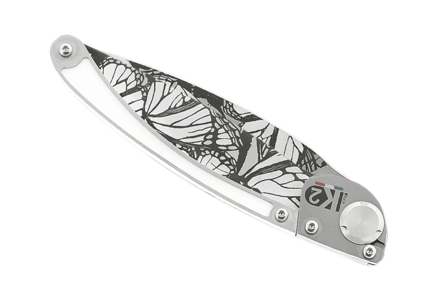 Couteau pliant K2 Elegance K2.21M manche inox décor papillon 11,5cm + étui suédine