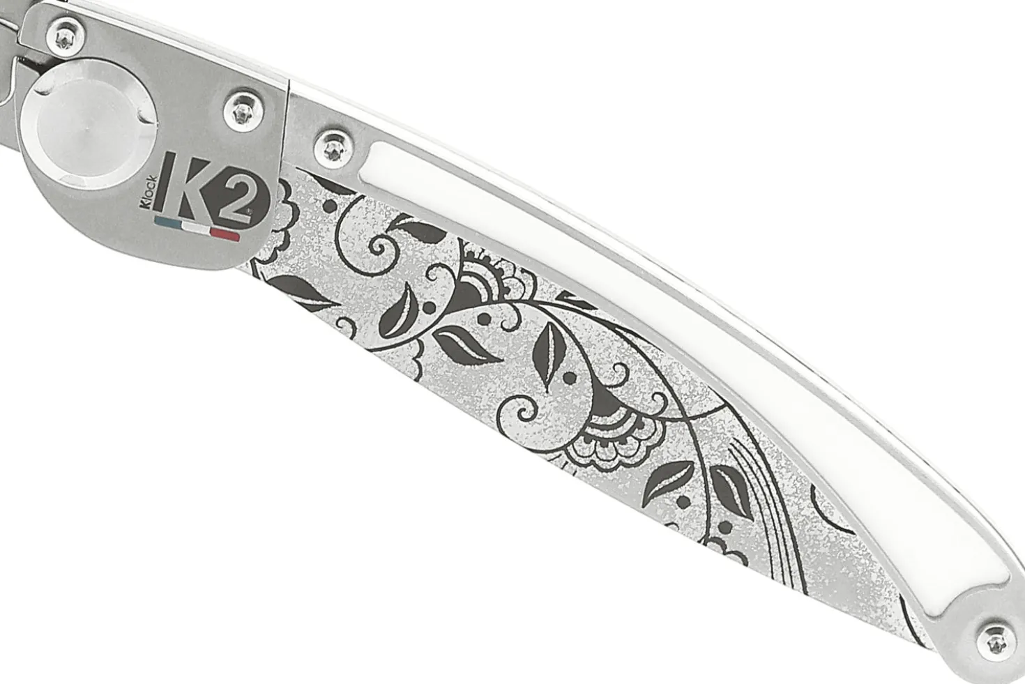 Couteau pliant K2 Elegance K2.20M manche inox décor arabesque 11,5cm + étui suédine