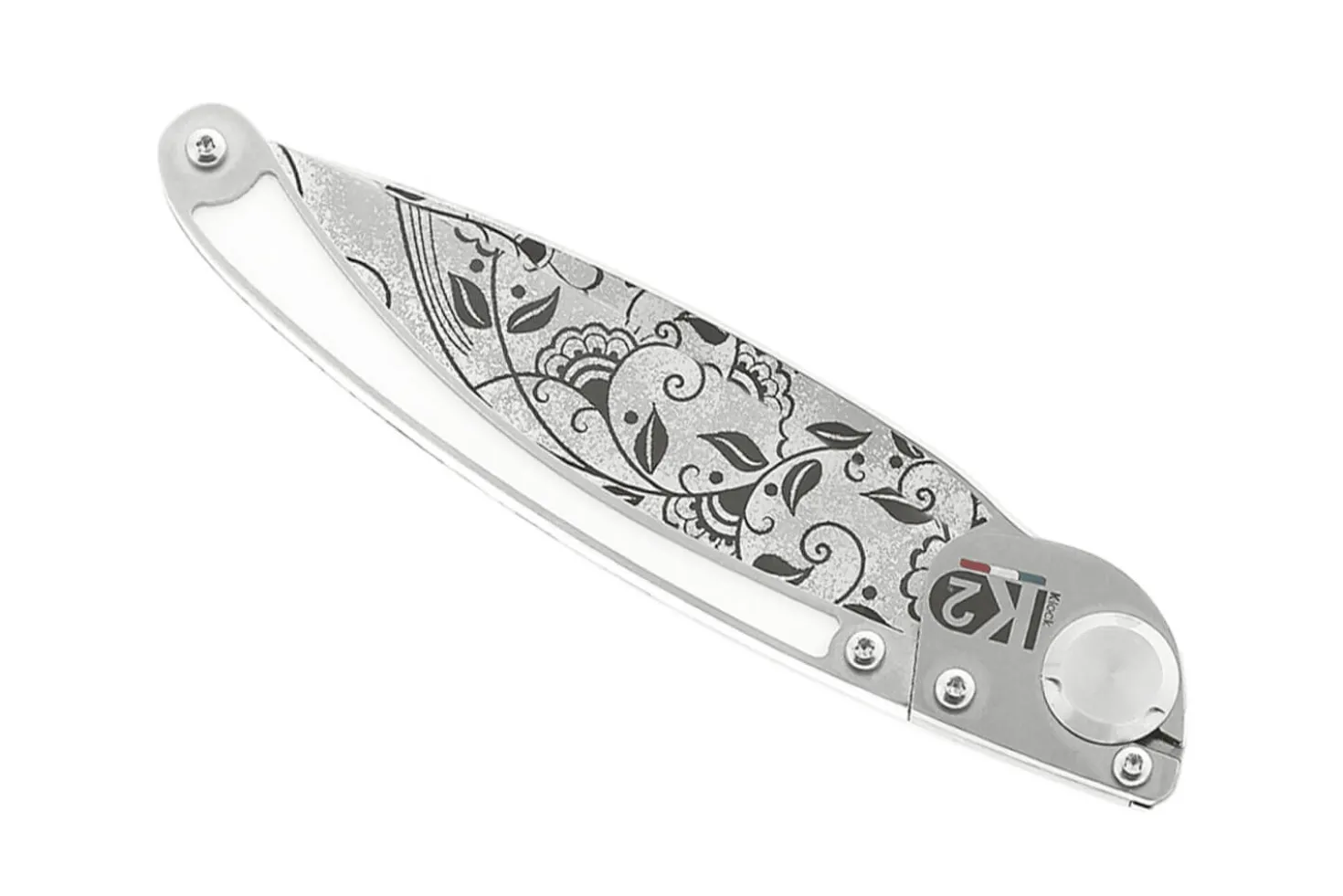 Couteau pliant K2 Elegance K2.20M manche inox décor arabesque 11,5cm + étui suédine