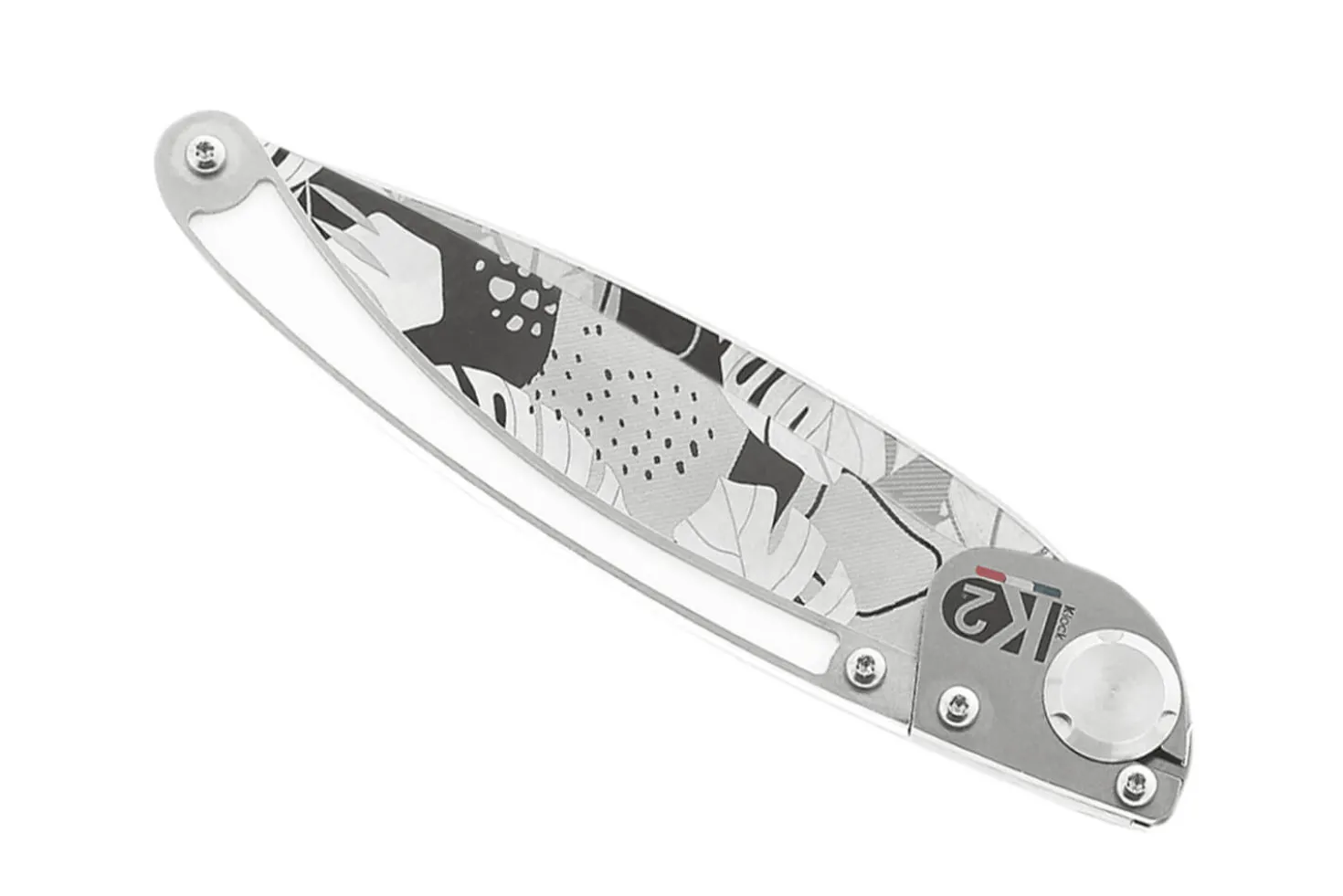Couteau pliant K2 Elegance K2.24M manche inox décor monstera 11,5cm + étui suédine