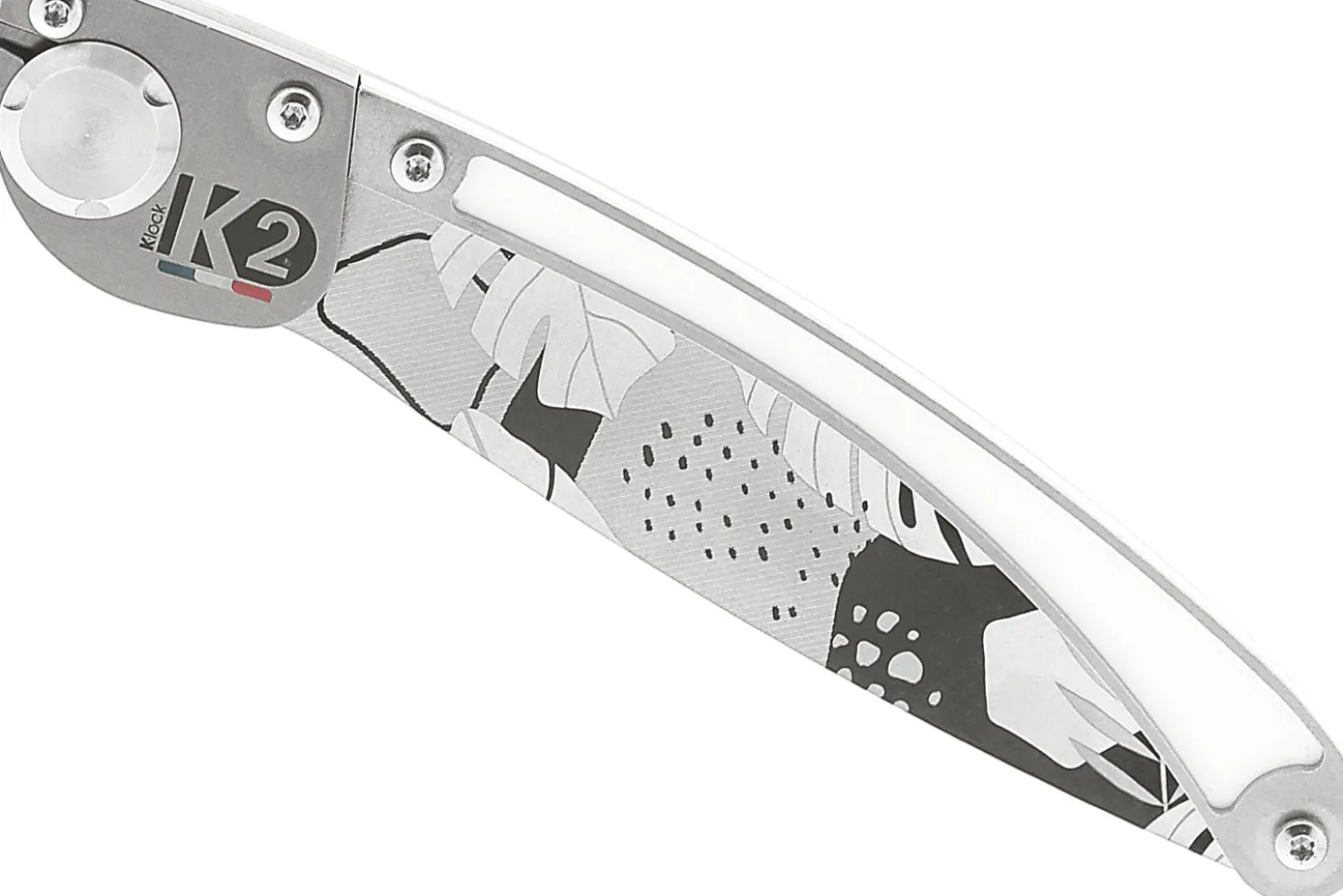 Couteau pliant K2 Elegance K2.24M manche inox décor monstera 11,5cm + étui suédine