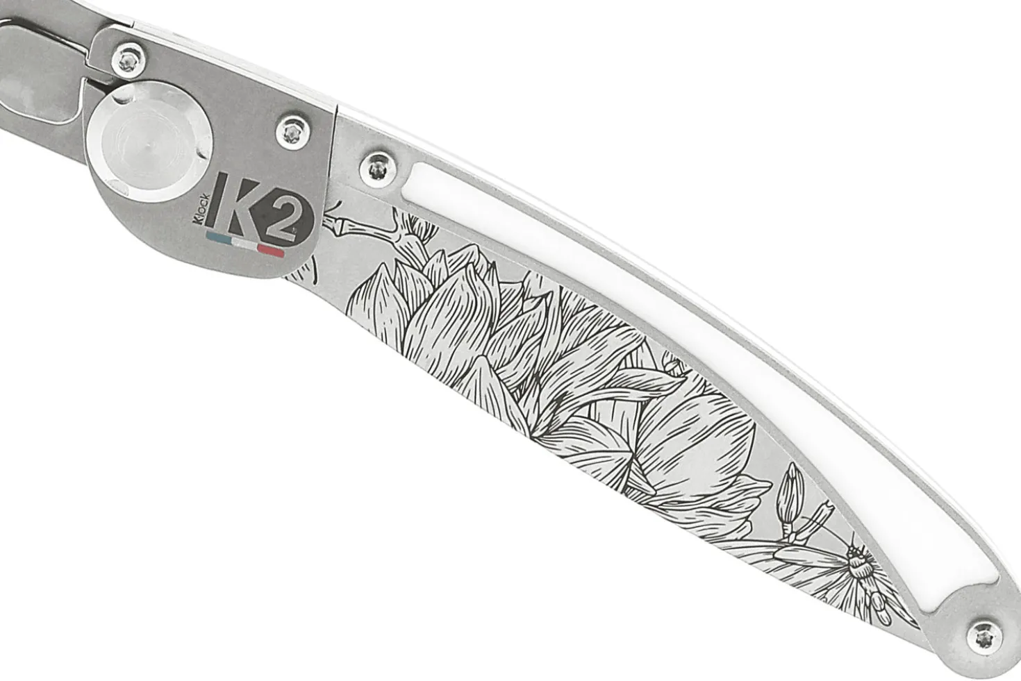 Couteau pliant K2 Elegance K2.22M manche inox décor magnolia 11,5cm + étui suédine