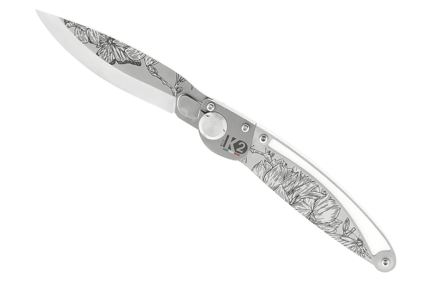 Couteau pliant K2 Elegance K2.22M manche inox décor magnolia 11,5cm + étui suédine
