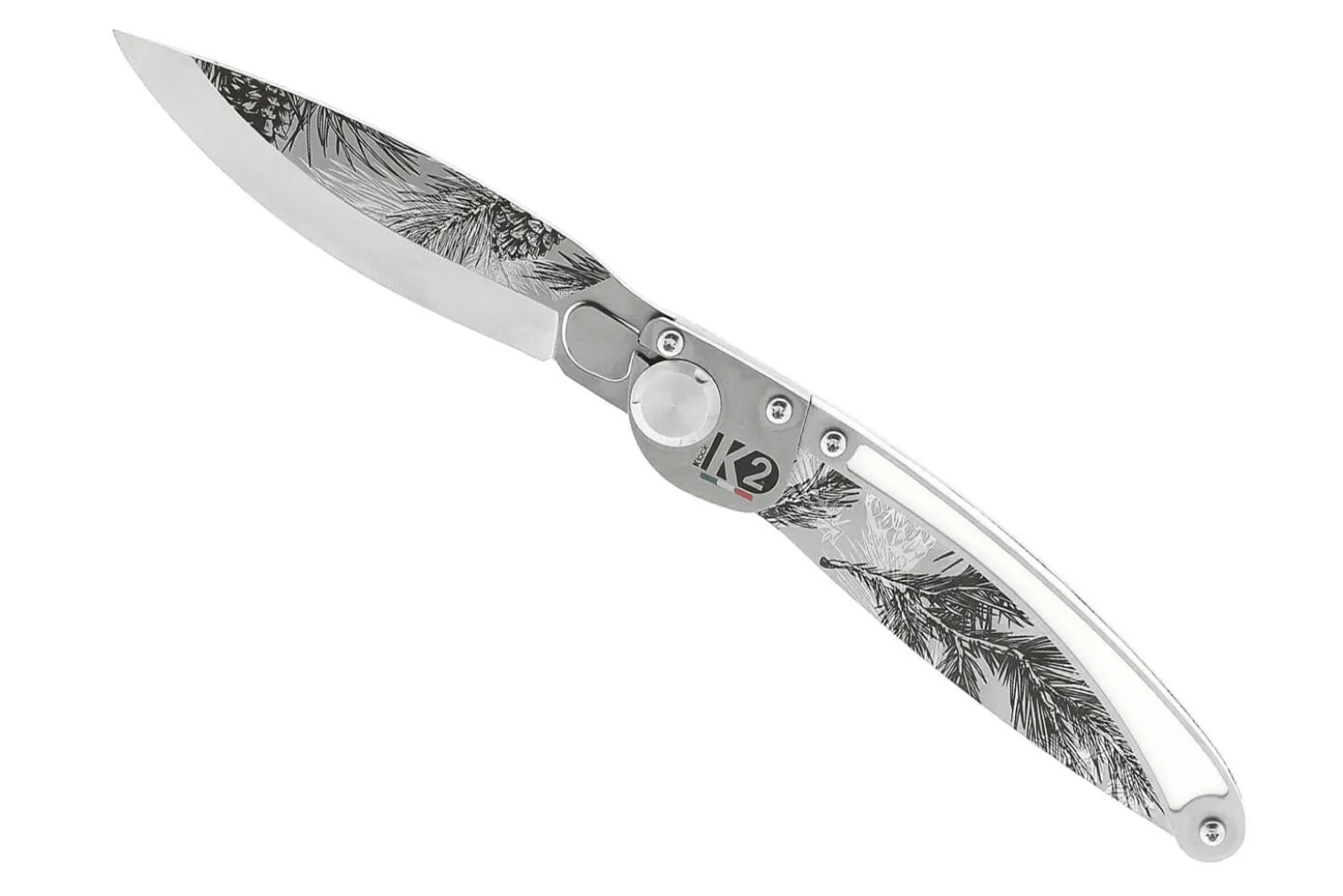 Couteau pliant K2 Elegance K2.23M manche inox décor pins 11,5cm + étui suédine