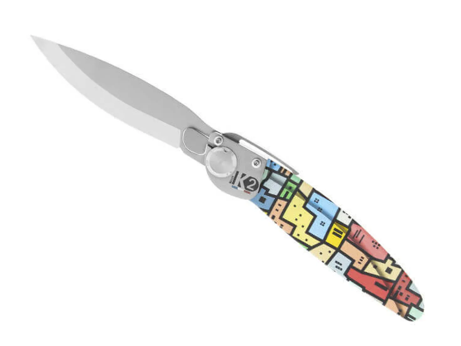 Couteau pliant K2.16M manche acier décor imprimé 3D favelas 11,5cm
