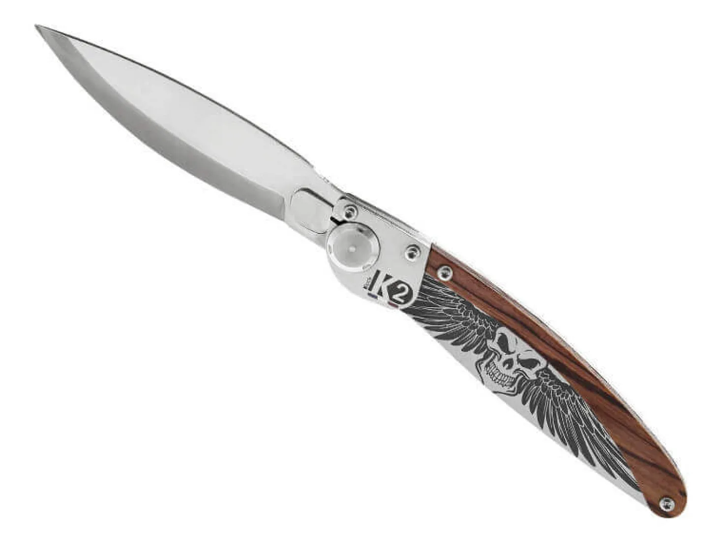 Couteau pliant K2.03M manche bois de violette et acier décor ailes de la mort 11,5cm