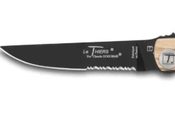 Couteau pliant lame noire dentée Le Thiers Liner Lock Claude Dozorme olivier 12,5cm