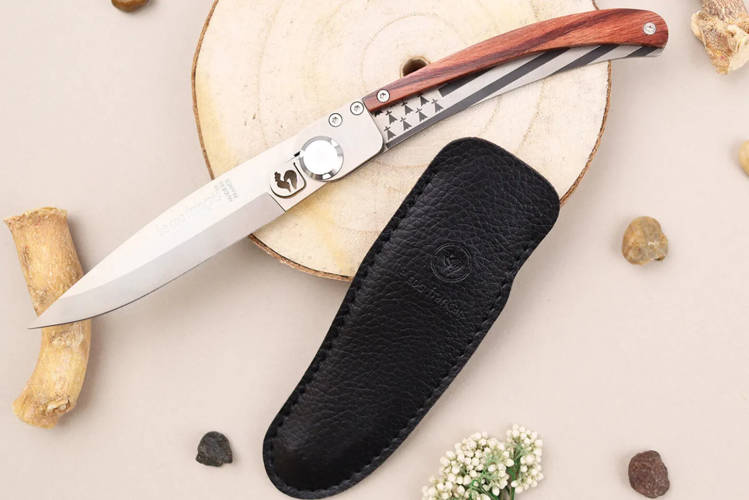 Couteau pliant Le Coq Français Bretagne artisanal manche bois de violette 11,5cm + étui