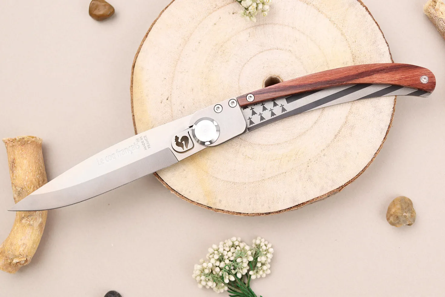 Couteau pliant Le Coq Français Bretagne artisanal manche bois de violette 11,5cm + étui