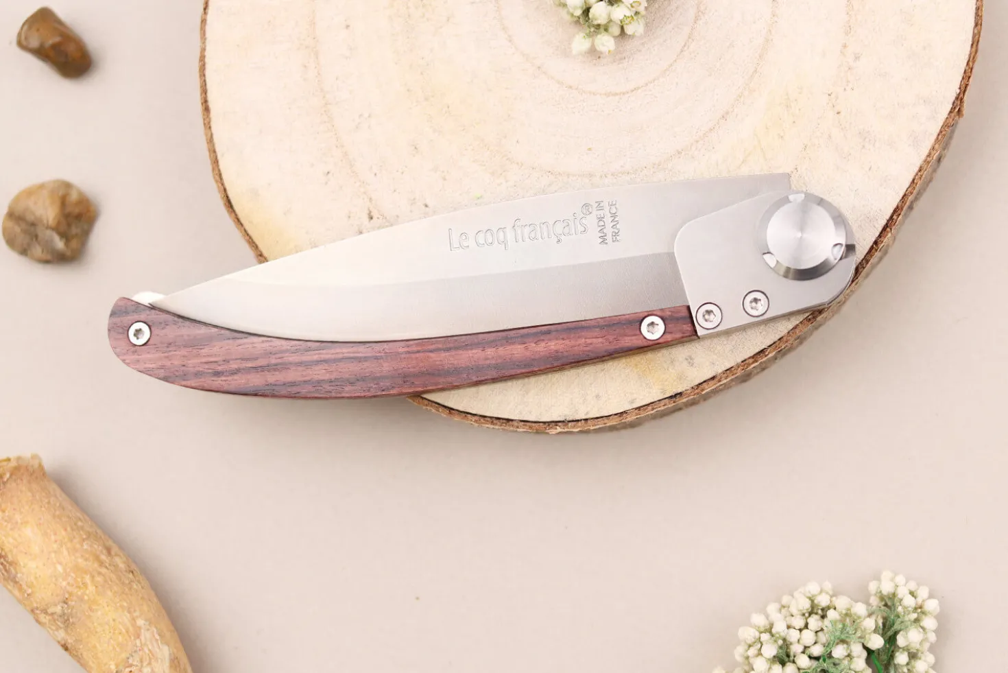 Couteau pliant Le Coq Français Vercingétorix artisanal manche bois de violette 11,5cm + étui