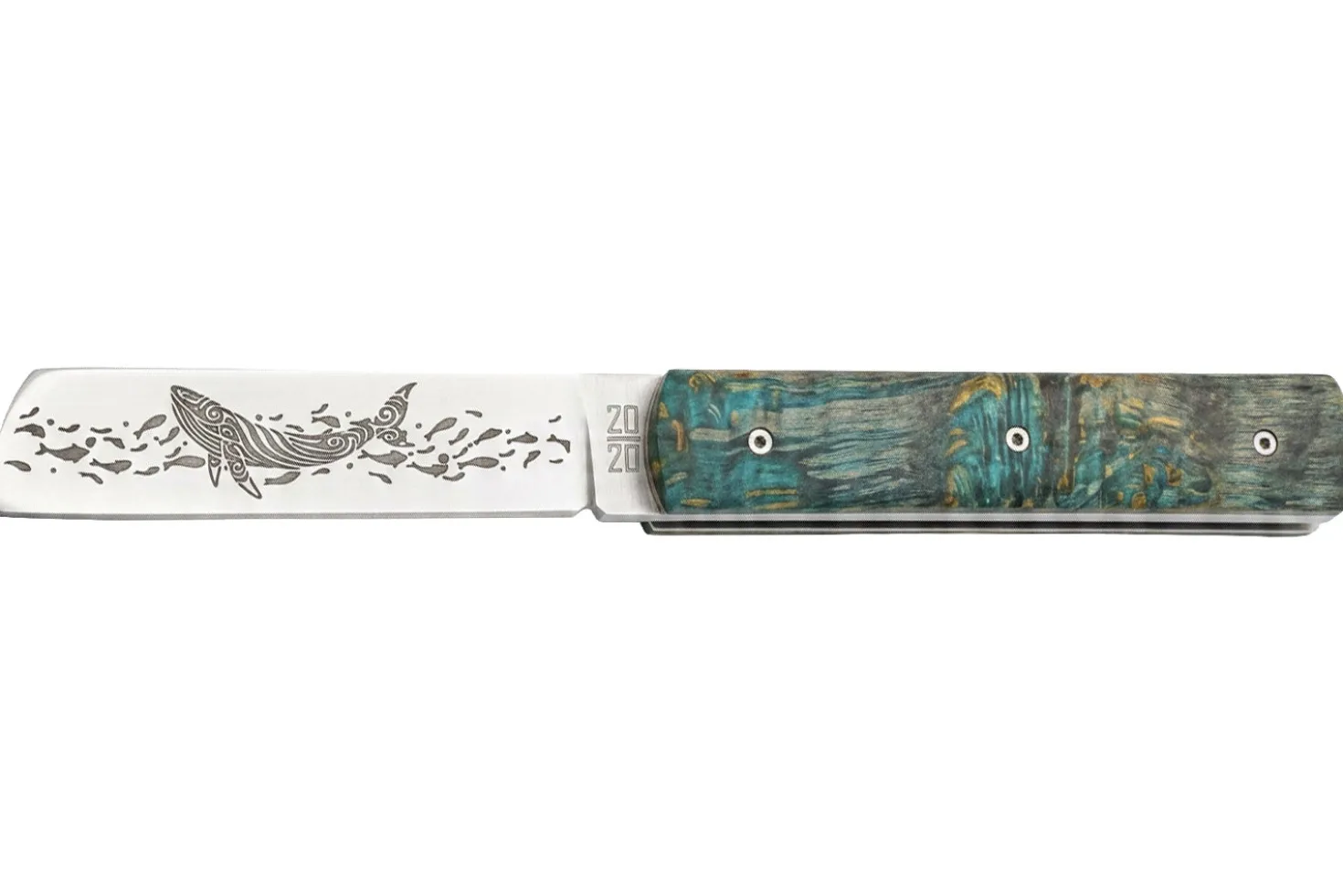 Couteau pliant Le Fidèle 20/20 en bouleau stabilisé bleu 10,8cm lame décor baleine
